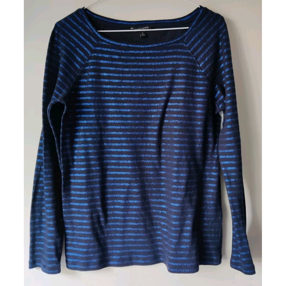 Banana Republic Women's Top Crew Neck Striped Black/Glittery‎ Blue Size Small